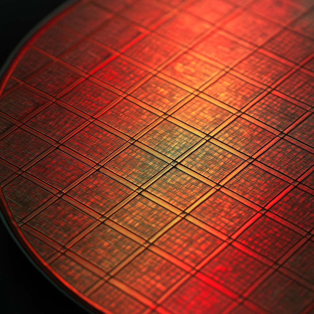 Macro detail of a 300mm Smartlnd quantum wafer surface showing dense circuitry